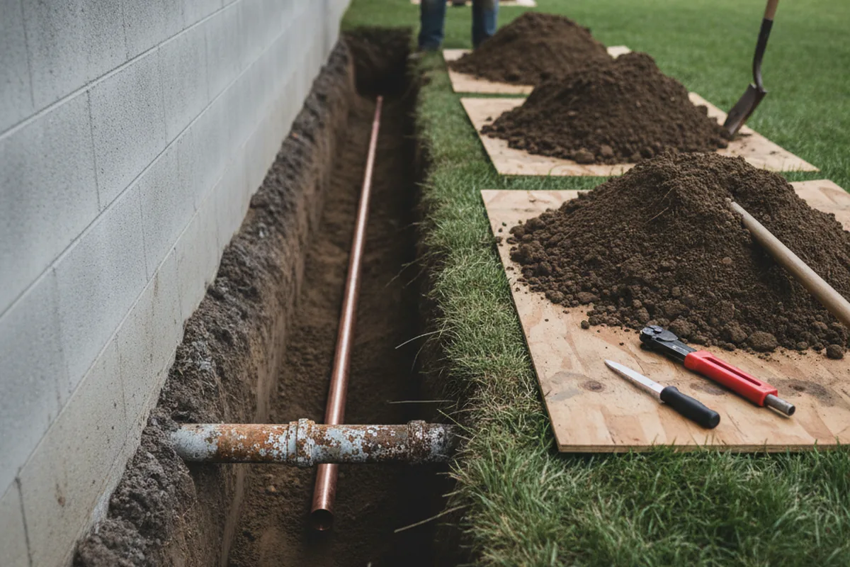 Excavated water line trench during Sewer Line Repair in Pasco
